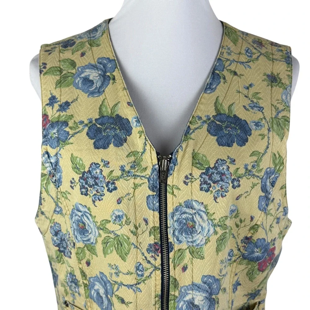 Lizwear Women's Large Reversible Denim Floral Vest Blue Yellow Zip Up Cotton - Picture 3 of 13